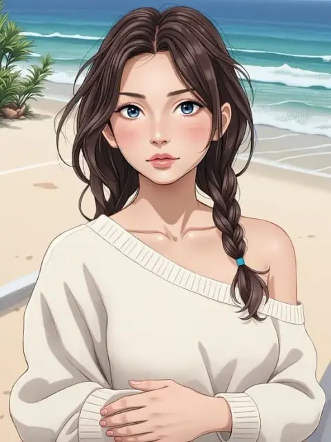 Ein hübsches Anime-Mädchen mit geflochtenen braunen Haaren, das in einem weißen, schulterfreien Pullover am Strand entspannt.