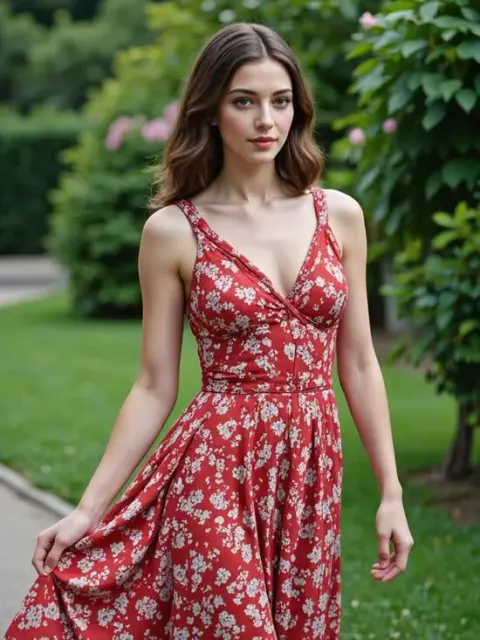 Un magnifique portrait numérique d'une femme vêtue d'une robe à fleurs rouge, montrant des couleurs vibrantes dans une tenue IA.