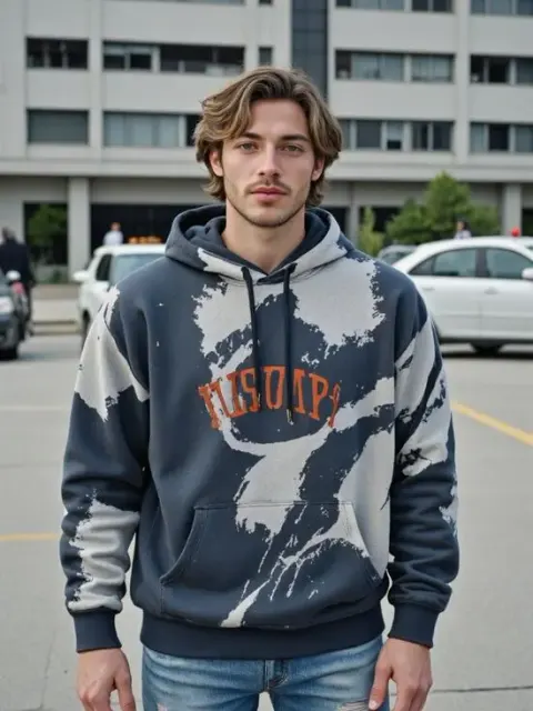 Ein lässiger KI-Junge, der einen dunklen, grafischen Kapuzenpullover trägt und an einer Stadtstraße steht.
