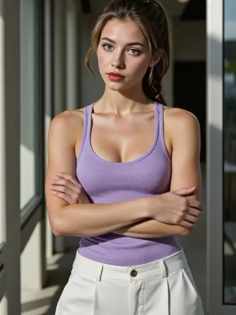 Une tenue décontractée au quotidien comprenant un débardeur violet et un pantalon blanc dans un décor intérieur moderne.