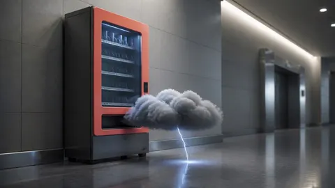 A coral vending machine dispenses one compact thundercloud in a quiet corridor