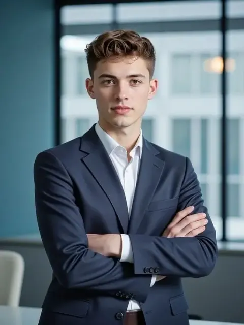 Das Gesicht eines Unternehmens-KI-Mannes zeigt einen jungen Berufstätigen in einem dunkelblauen Anzug mit verschränkten Armen.
