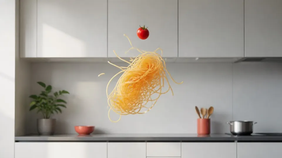 A floating bundle of spaghetti and one tomato centered in a bright modern kitchen