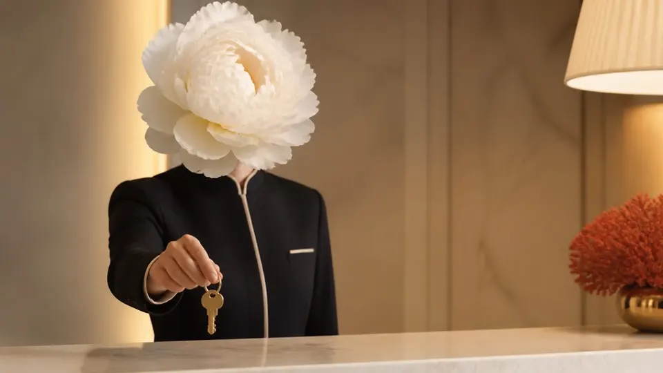 A flower-headed hotel clerk presents one room key at a tidy reception desk