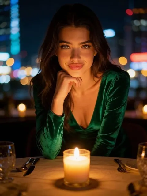 Kostenloser KI-Freundin-Videogenerator, romantisches Candle-Light-Dinner-Date mit einer wunderschönen virtuellen KI-Partnerin in einem grünen Samtkleid.