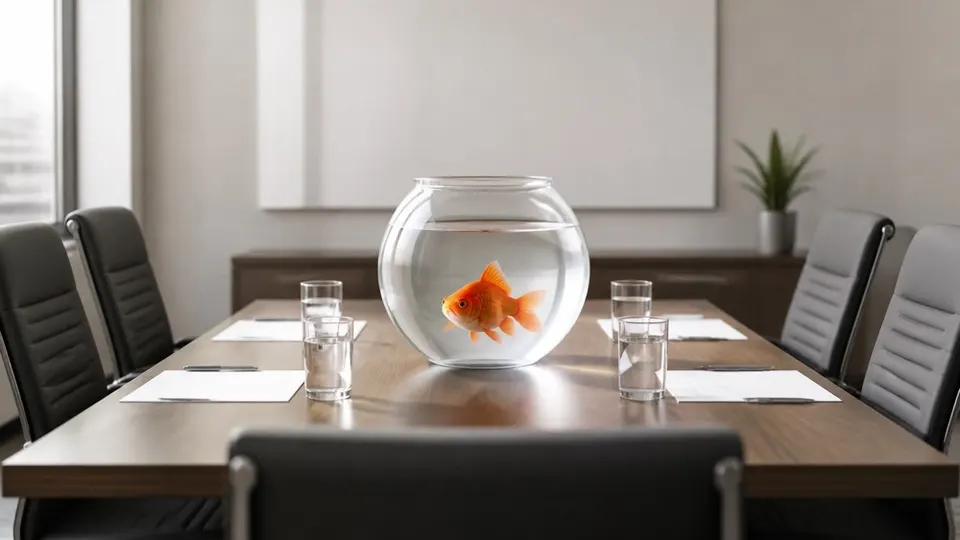 A goldfish in a glass bowl leads a meeting in an ordinary conference room