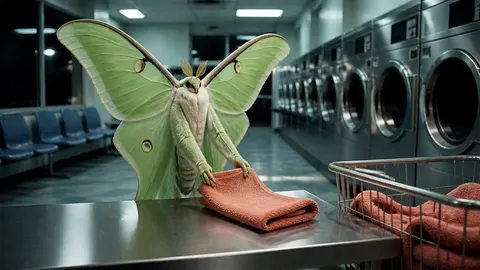 A human-sized luna moth folds a coral towel in a clean fluorescent laundromat
