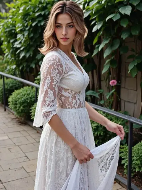 Un portrait d'une femme vêtue d'une robe en dentelle blanche détaillée, mettant en valeur les textures complexes de cette tenue ai.