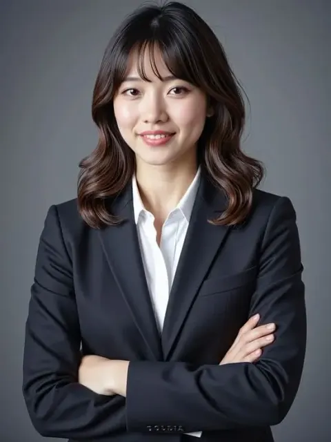 Das Gesicht einer professionellen KI-Frau zeigt eine asiatische Geschäftsfrau, die in einem dunklen Anzug lächelt.
