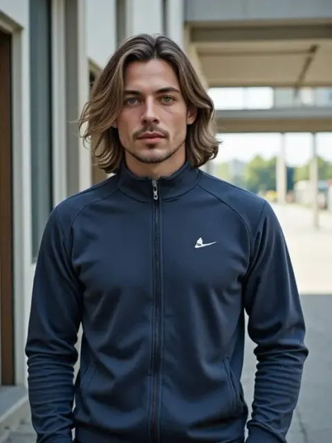 Ein sportlicher KI-Junge mit schulterlangem Haar, der im Freien eine dunkelblaue Trainingsjacke mit Reißverschluss trägt.