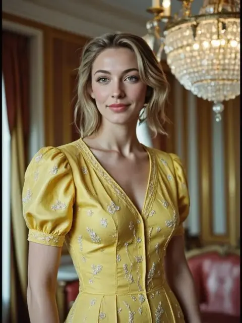 Une robe jaune à manches bouffantes de style vintage générée comme des vêtements détaillés dans une pièce ornée.