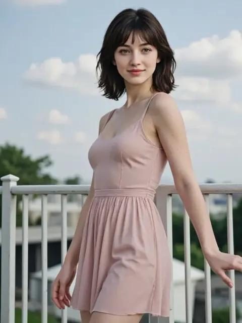 Une femme à l'extérieur portant une robe d'été rose tendre parfaitement rendue comme des vêtements ai réalistes.