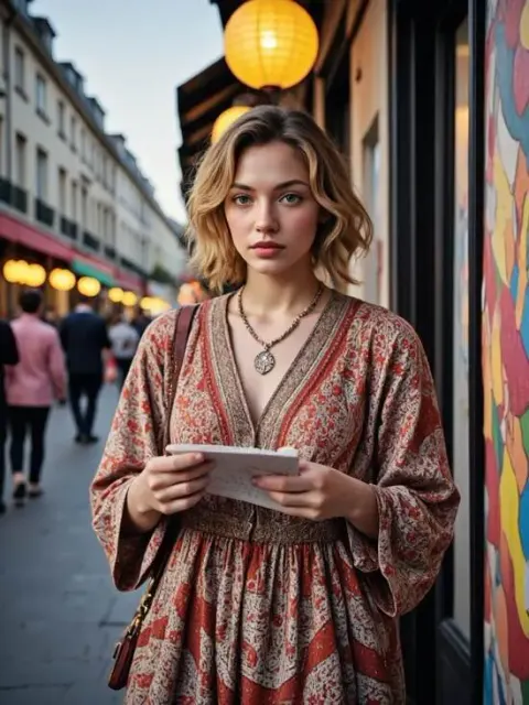 Une femme portant une robe bohème à motifs dans une rue de la ville, mettant en valeur une génération de vêtements IA réalistes.