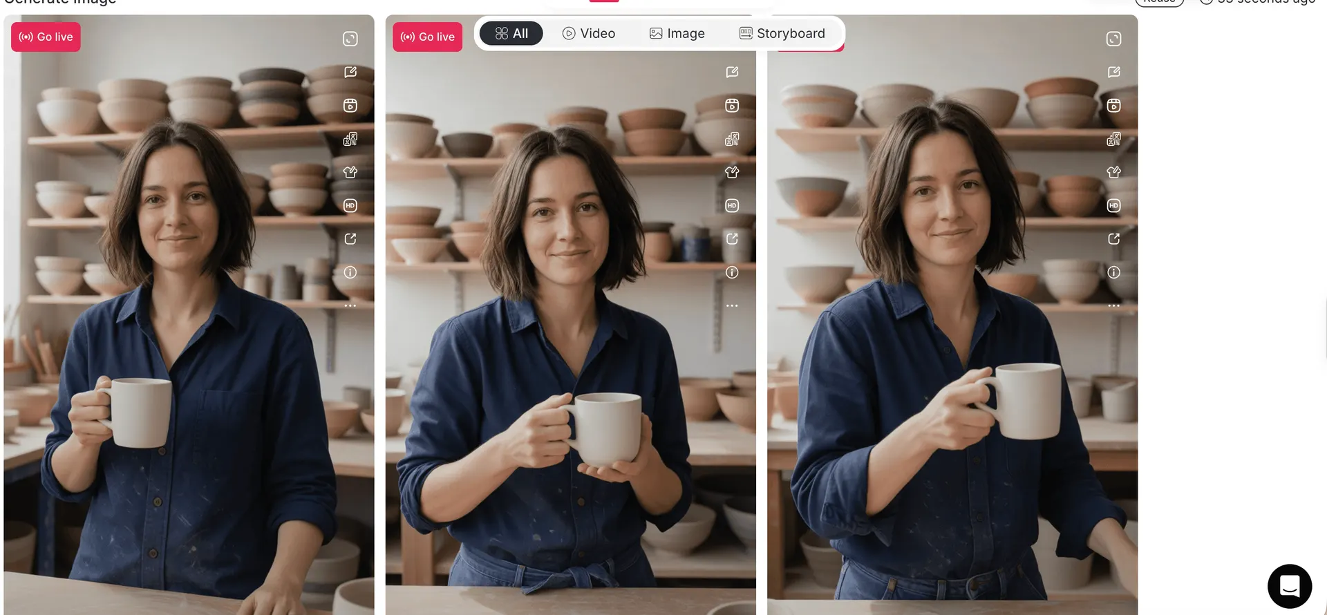 Actual APOB test gallery showing three generated portraits of a fictional ceramics host with a mug