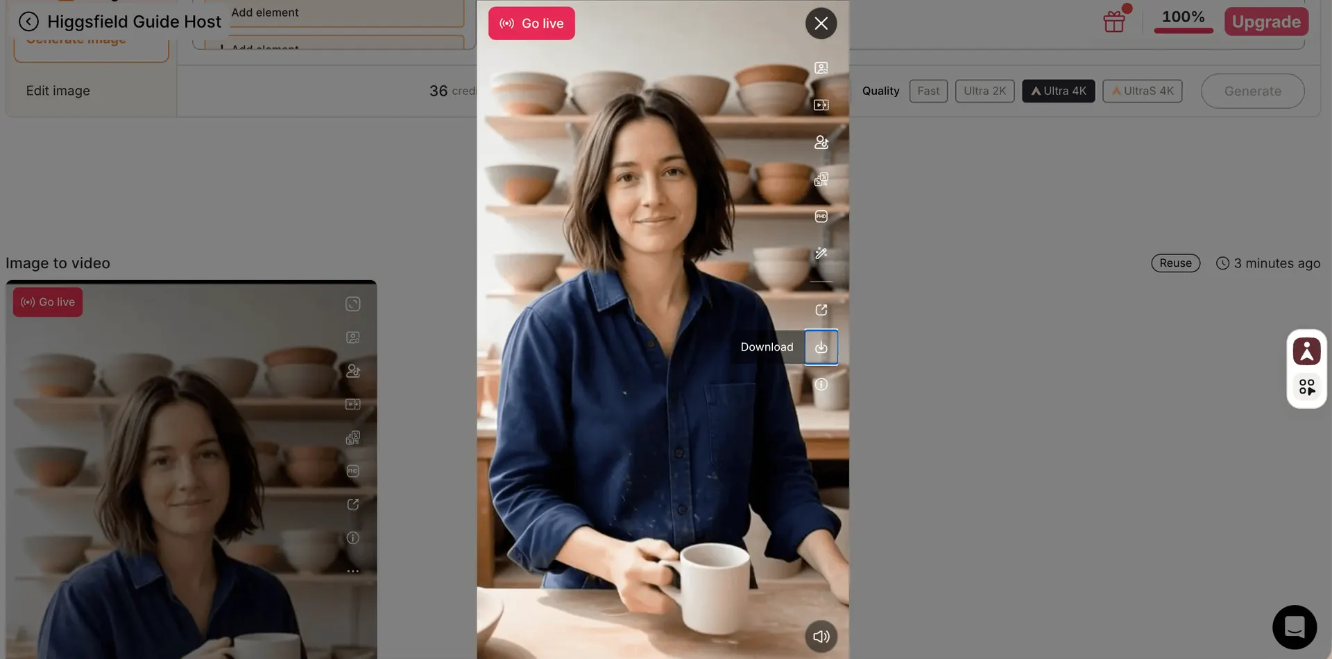 Actual APOB Image to Video playback showing the fictional ceramics host and Download control