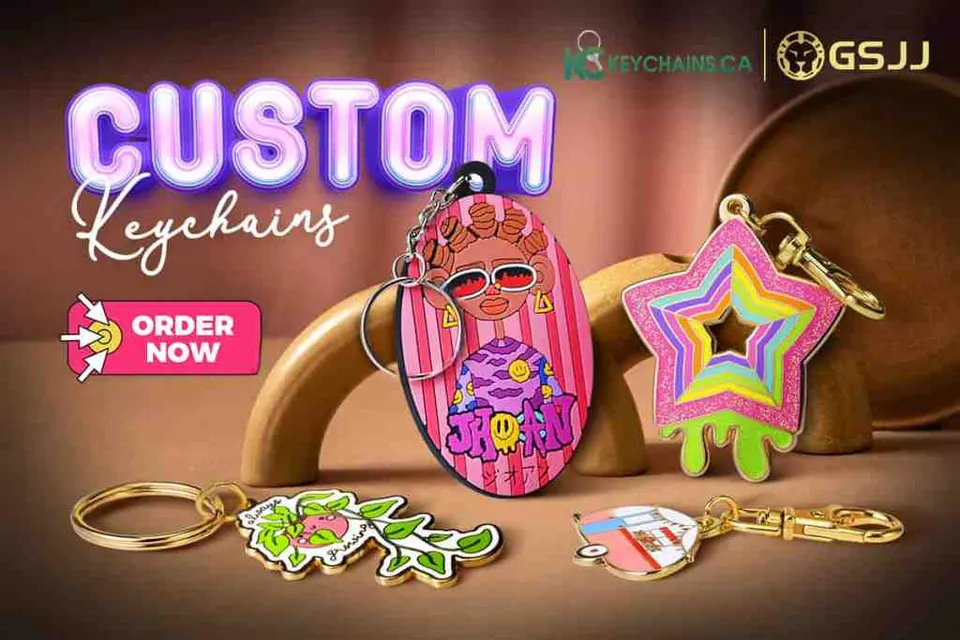 Advertisement showing colorful custom acrylic keychain designs
