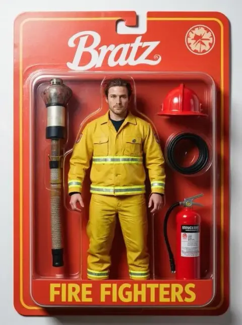 KI-Actionfigur Trend Feuerwehrmann-Puppe im Bratz-Stil mit Ausrüstung und Schlauch in Spielzeugkiste.