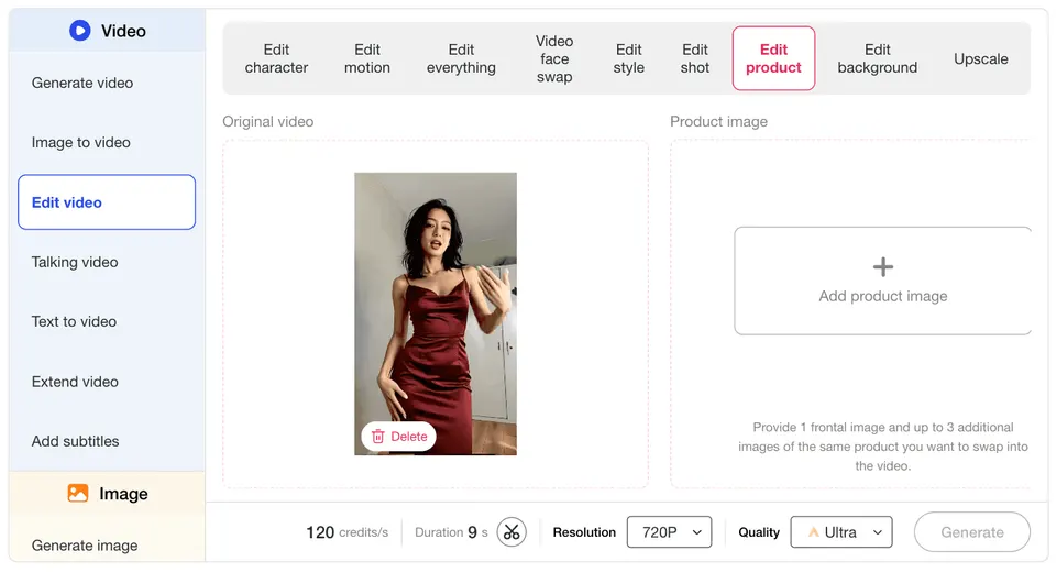 AI Ad video generator using edit product to add a product image into a video