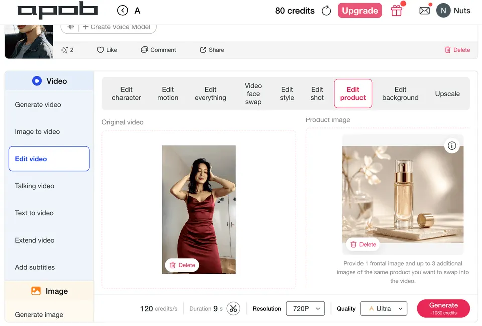 AI Ad video generator using edit product to insert a skincare product image into video