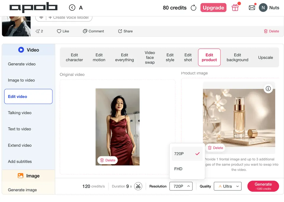AI Ad video generator using edit product with 720P resolution to place a skincare product image into video