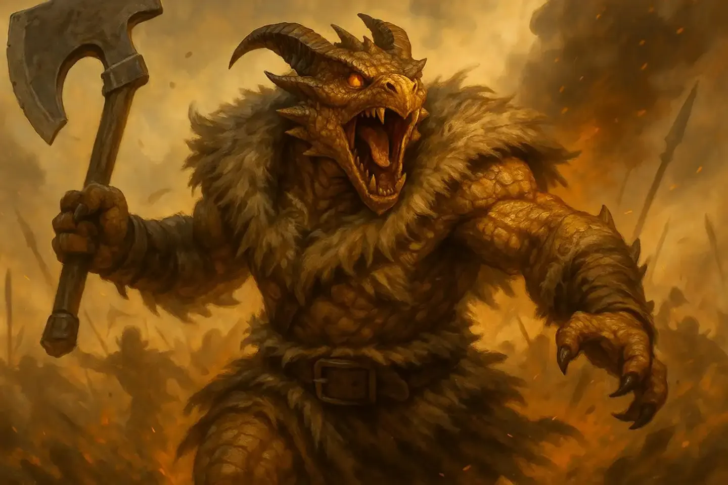 Ferocious dragonborn barbarian in battle from AI DnD Character Generator