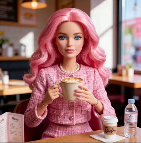 gerador de boneca ai grátis, estilo boneca Barbie com cabelo rosa cacheado