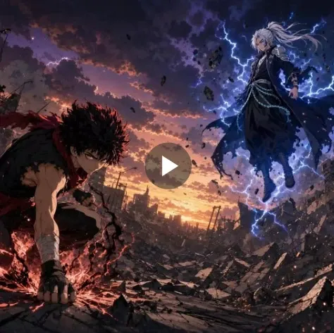 Cena de batalha de anime gerada por IA com dois personagens e relâmpagos