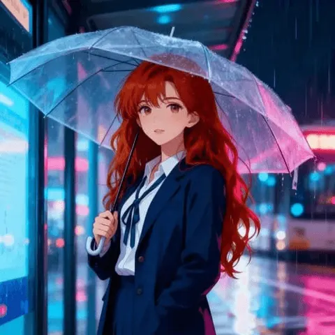 AI-generated anime woman with red hair holding an umbrella in a neon-lit street