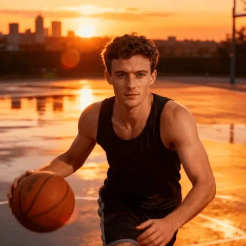 AI-generated basketball player seated on an outdoor court at sunset