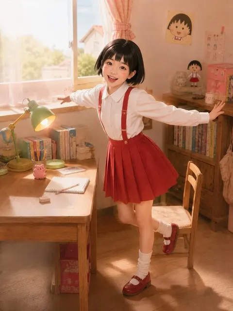AI-generated Chibi Maruko-chan cosplay, girl in red suspender skirt and white blouse, cheerful pose in a cozy childhood bedroom with Maruko posters and vintage toys