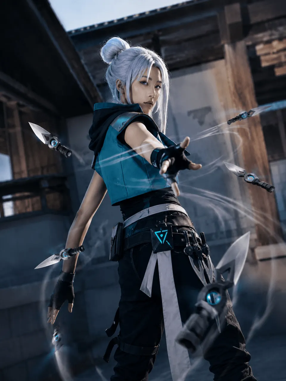 AI-generated cosplay of a silver-haired ninja assassin character in teal tactical vest, throwing glowing energy kunai daggers, traditional Japanese building backdrop
