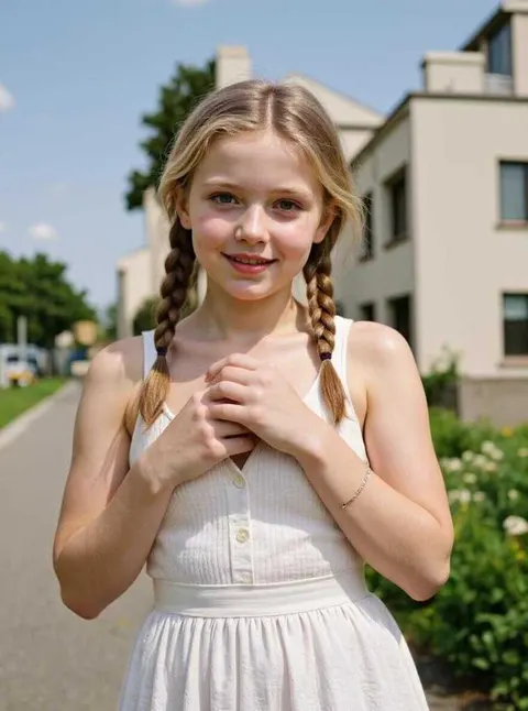 ai generated little girl in a white dress, standing gracefully in front of a house.