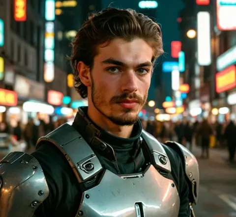 AI-generated male anime hero in futuristic armor in a neon city