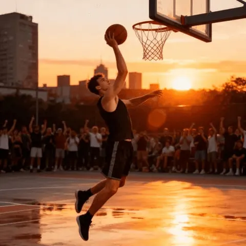 AI-generated man dunking a basketball on an outdoor court at sunset
