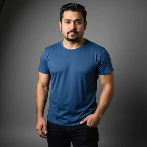 AI-generated man in a navy T-shirt on a gray background