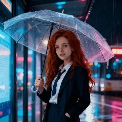 AI-generated red-haired woman holding an umbrella in a neon-lit street