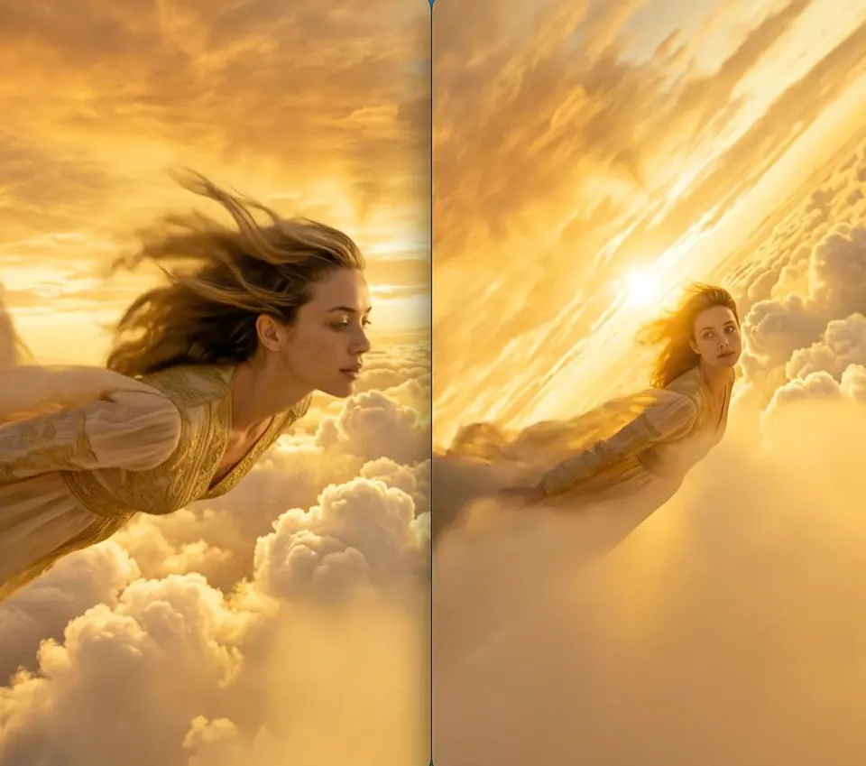 Résultat du générateur de Reels Instagram par IA montrant une femme volant dans des nuages dorés et lumineux au coucher du soleil