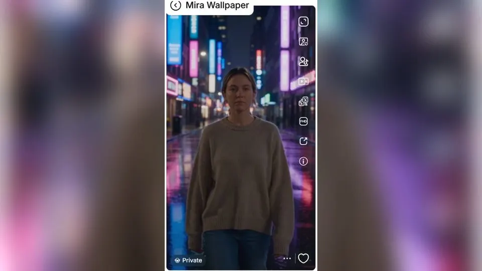AI-generated vertical video of a woman walking through a neon rainy city in APOB AI