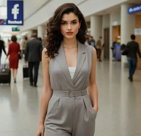 AI-generated woman in a white dress walking through an airport terminal