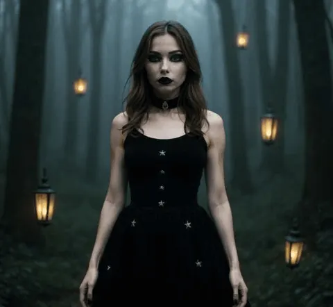 AI goth girl full body picture in the forest