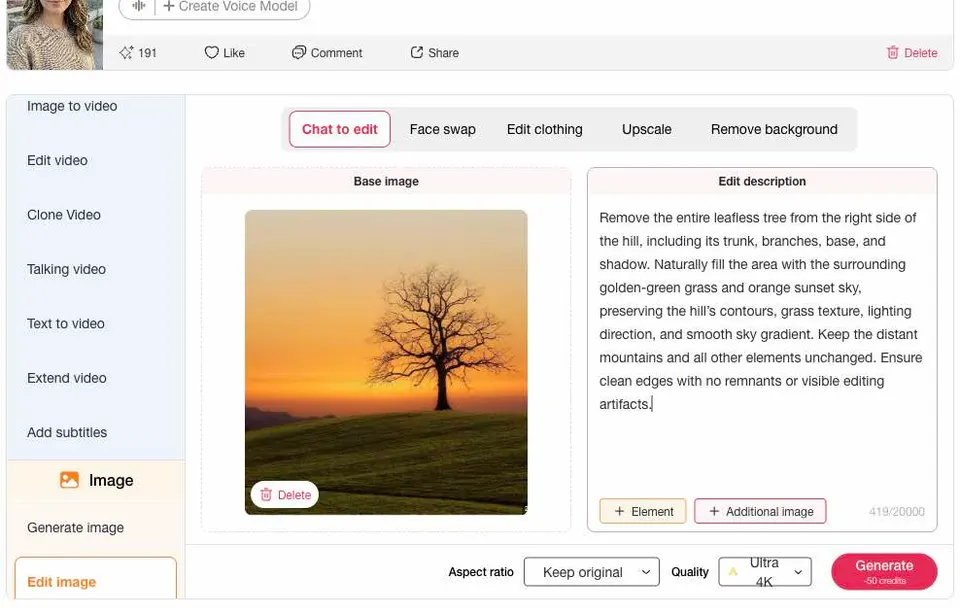 AI image object remover prompt describing how to erase a tree and rebuild the landscape