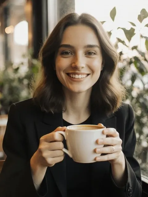 KI-Influencer hält eine Kaffeetasse in einem hellen Café