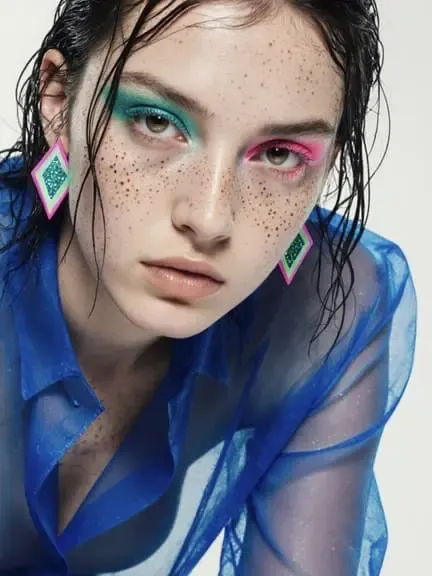 AI-Influencer-Porträt mit farbenfrohem Make-up und blauem, transparentem Outfit