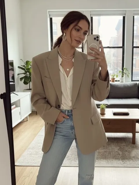 KI-Influencer macht ein Spiegel-Selfie in einem beigen Blazer