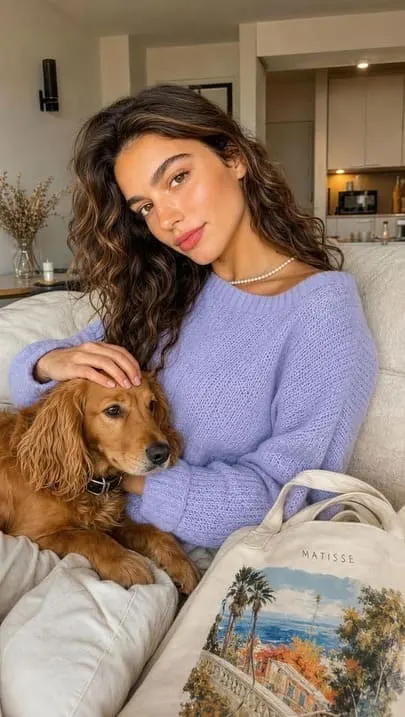 AI lifestyle influencer relaxing at home with her dog
