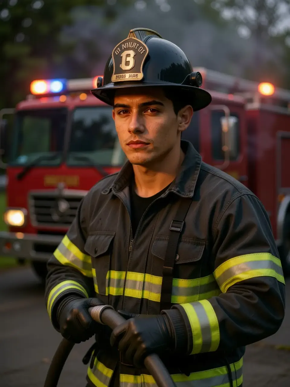 KI-Feuerwehrmann in Uniform mit Schlauch