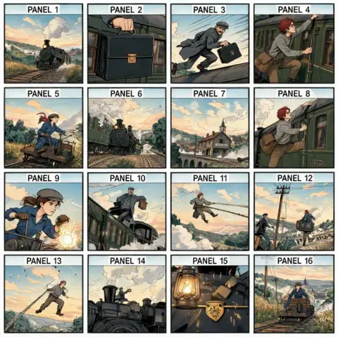 Storyboard do gerador de filmes IA com 16 painéis ilustrados de perseguição de trem