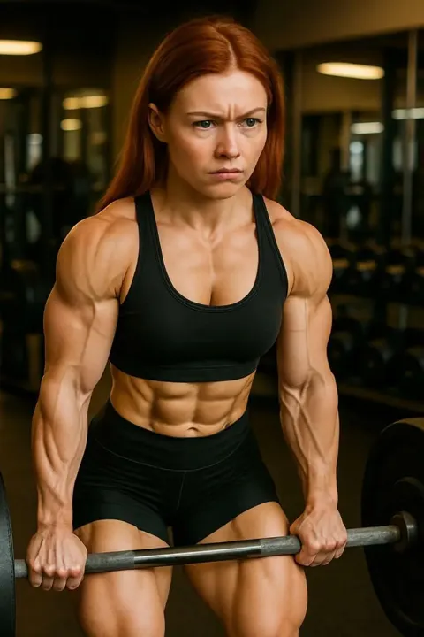 AI muscle girl lifting weights in a gym, wearing black sports gear, focused and strong.