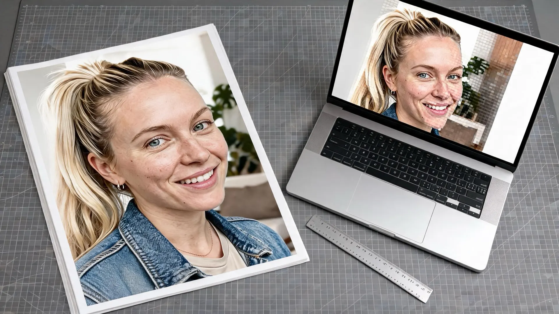 AI portrait print beside a laptop showing the same portrait