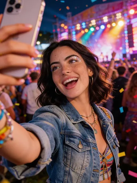 Portrait IA en vidéo, première image d'un créateur filmant un selfie lors d'un festival